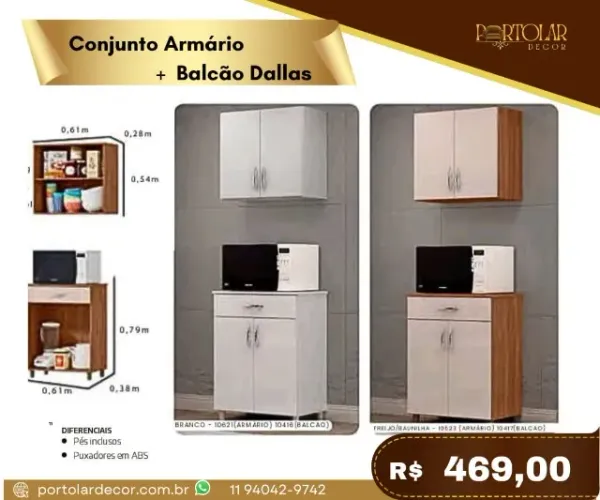 Conjunto Armário mais balcão Dallas, a pronta entrega