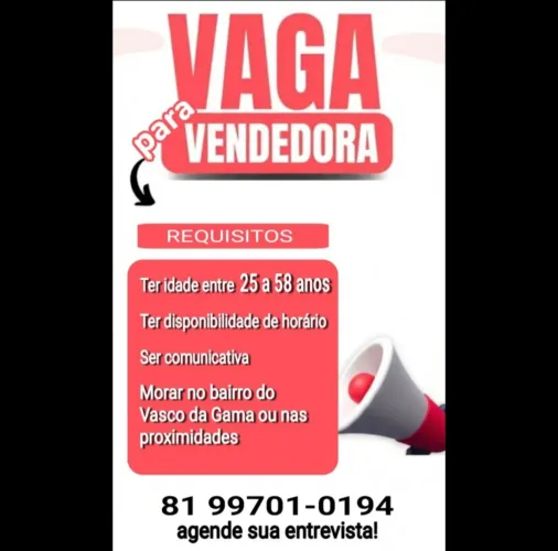 Vaga para vendedora