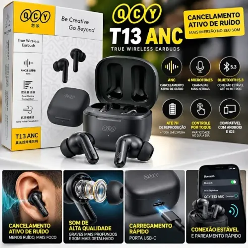 FONE DE OUVIDO QCY T13 ANC BLUETOOTH COM CANCELAMENTO DE RUÍDO