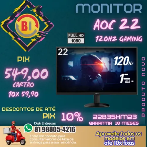 Monitor  AOC, 22? 120Hz, 22B35HM23, 1ms Gaming, HDMI - Em ate 10x Fixas 