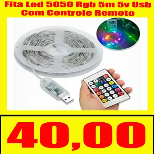 Fita Led 5050 Rgb 5m 5v Usb Com Controle Remoto 
