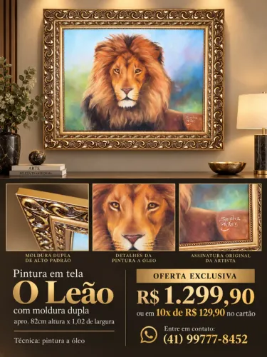 Quadro O leão técnica pintura a óleocom moldura dupla apro. 82cm altura x 1,02 de largura