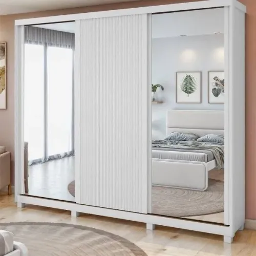 Guarda-Roupa Casal Ollie Lopas 3 Portas de Correr com Ripado, Espelho e Pés | Entrega i