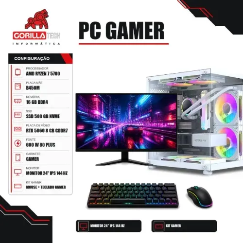 PC Gamer Completo Ryzen 7 5700 RTX 5060 8 GB Gddr7 16GB SSD + Monitor - Gorilla Tech
