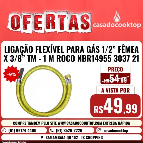 MANGUEIRA GAS ENCADADO APARTAMENTO FLEXIVEL DE METAL 1/2 FÊMEA X 3/8 1 METRO PARA COOKTOP