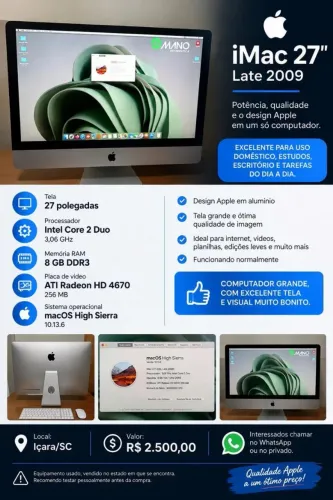 Vende-se computador iMac 27 polegadas, em funcionamento. Aceito moto na troca.