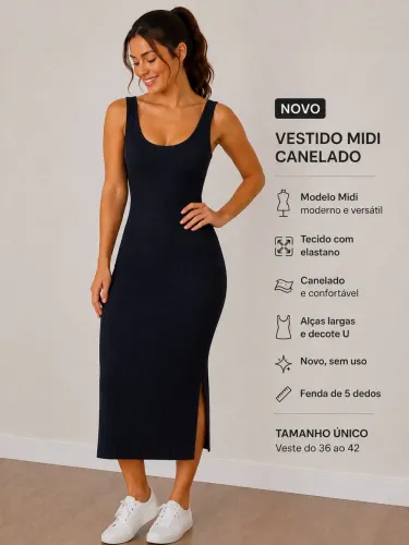 Vestido Midi Canelado Feminino - Novo | TAM G