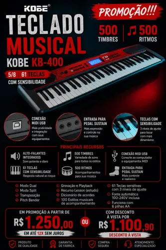 Teclado Musical Kobe Kb-400 5/8 61 Teclas Com Sensibilidade 
