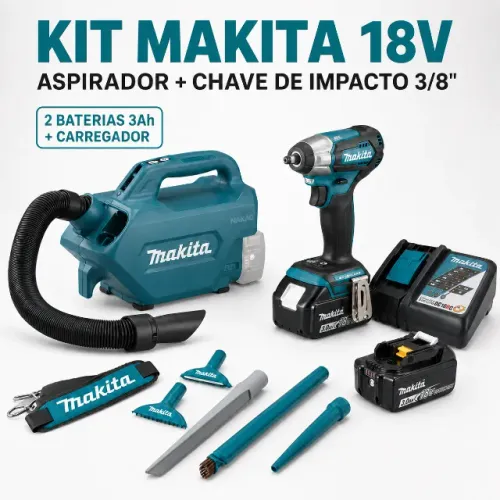 Kit Makita 18V Aspirador DCL184Z + Chave de Impacto 3/8? DTW180RFE + 2 Baterias 3Ah e Carr