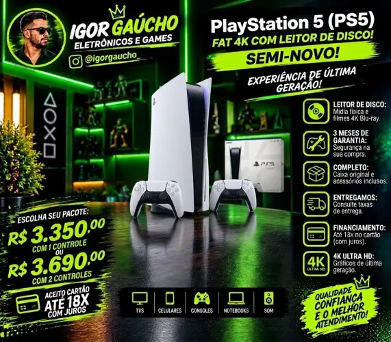 PS5 FAT 4K, SEMI NOVO, novíssimo, garantia , entregamos, aceito cartão até 18x
