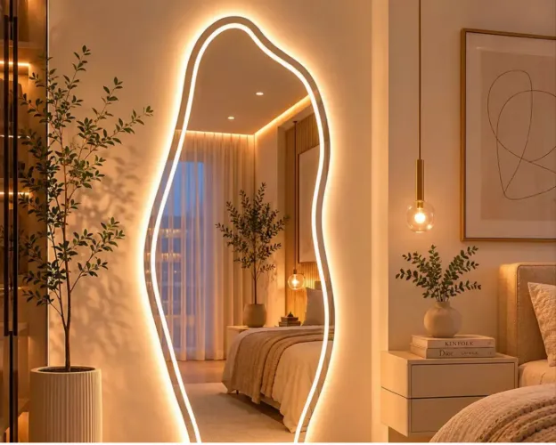 Espelho Grande Com Led Forte de 3 Cores e Botão Touch Jateado 90x40