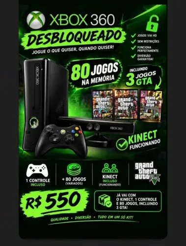Vendo um Xbox 360 slim desbloqueado com Kinect fonte bivolt mas de 80 jogos incluindo gta