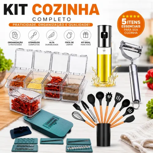 Kit Cozinha Completo 5 Itens Organizador de Temperos Borrifador de Óleo Utensílios de Sili