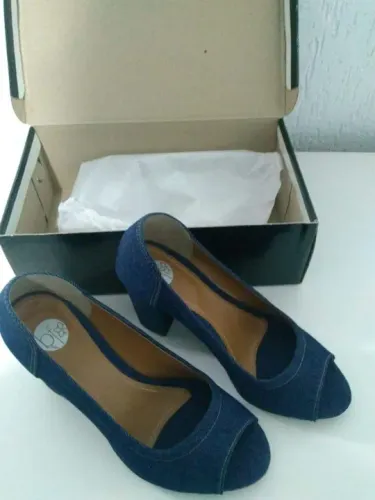 Sapato Peep Toe Jeans Azul - Tamanho 35