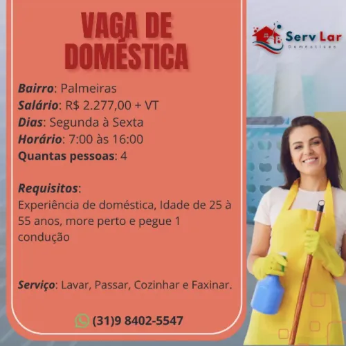 Vaga de Doméstica - Bairro Palmeiras Belo Horizonte