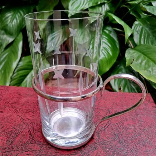 Copo de Cristal Antigo com Suporte com Alça em Prata Wolff