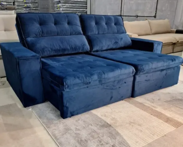 Sofá Retrátil Azul 4 Lugares
