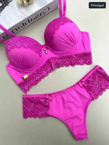Conjunto de Lingerie Rosa com Renda - Tamanhos P, M, G e GG