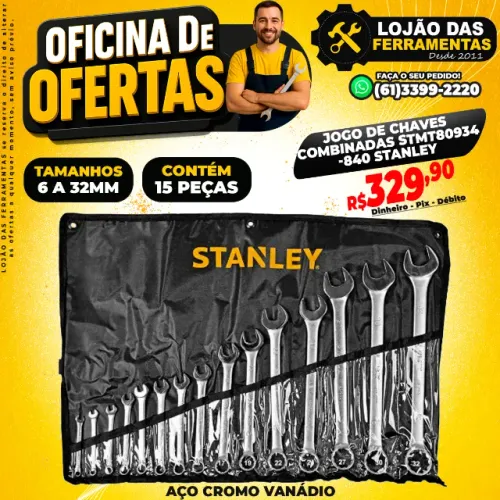 Jogo de Chaves Combinadas 6 a 32mm Com 15 Peças STMT80934-840 STANLEY