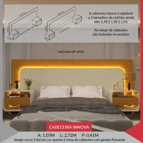 Cabeceira Innova com LED e Mesas de Cabeceira