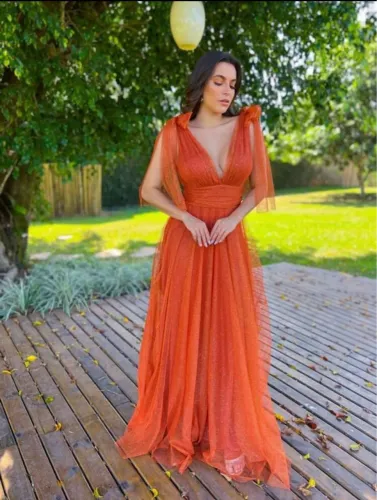 Vestido Longo Elegante Laranja queimado madrinha formatura tamanho g Shein
