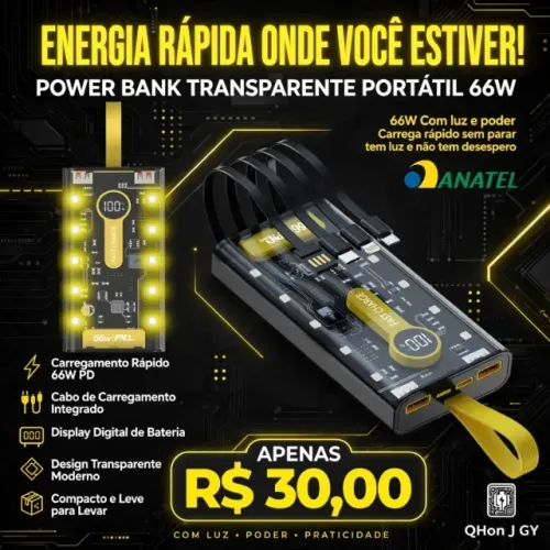Power Bank Transparente Portátil 66W Carregamento Rápido Com Cabo Integrado A5