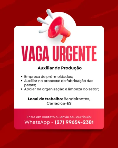 VAGA DISPONÍVEL - Auxiliar de Produção