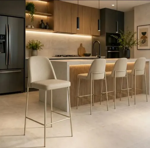 Banqueta média Lívia 66 cm para cozinha, bar, bancada champanhe courissimo bege