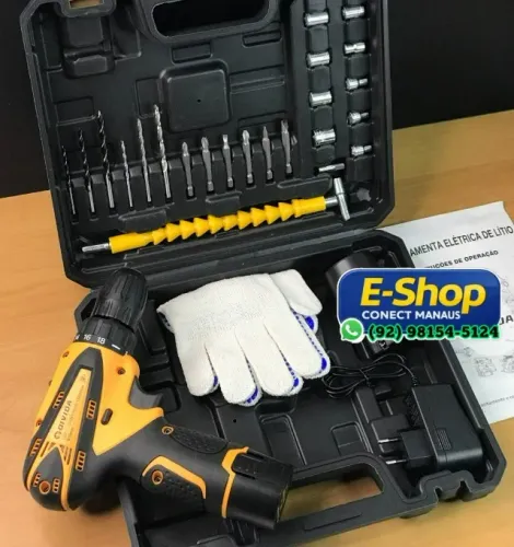 Parafusadeira e furadeira 12vcom duas baterias + maleta kit 24 peças profissional
