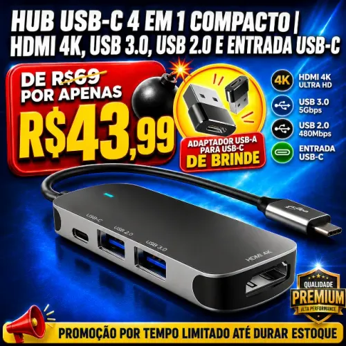 Hub USB-C 4 em 1 Compacto HDMI 4K, USB 3.0 e USB 2.0 ? ENTREGA GRÁTIS