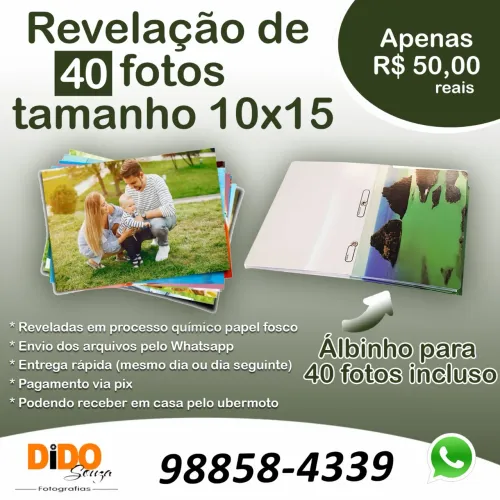 Revelação de 40 fotos tamanho 10x15 + álbum R$ 50,00