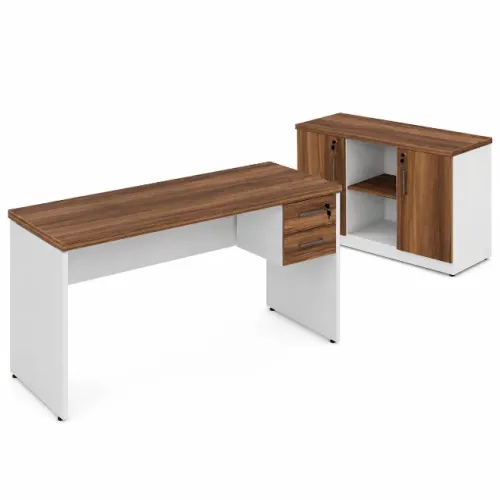 Mesa Home Office Completa Com Armário Gavetas Nogal Branco Moderna 34334