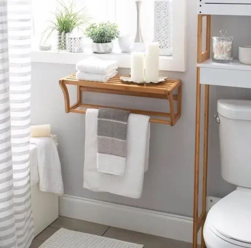 Prateleira Suspensa de Bambu 60cm com Porta-Toalha - Nova Lacrada