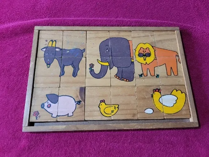 Antigo Brinquedo Quebra-Cabeças em Madeiras Dois Lados Artesanato dos Anos 70