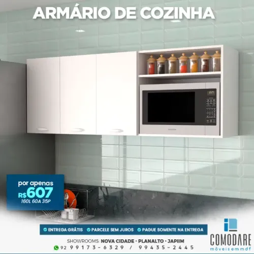 Armário de Cozinha 3 Portas com Nicho para Micro-ondas 1,60m - R$ 607