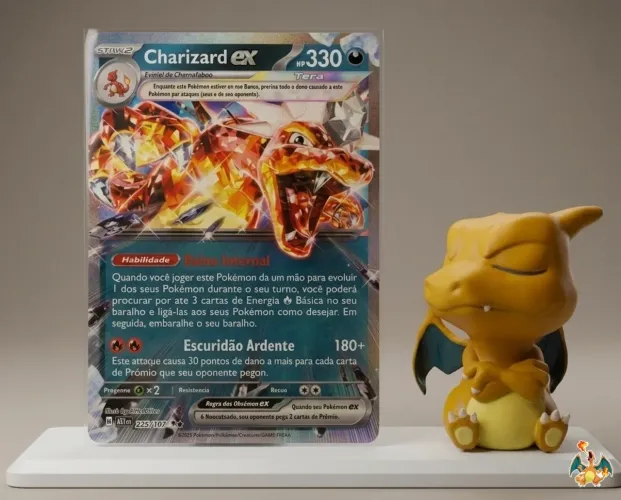Carta Pokémon Charizard ex + Miniatura Charizard Chibi