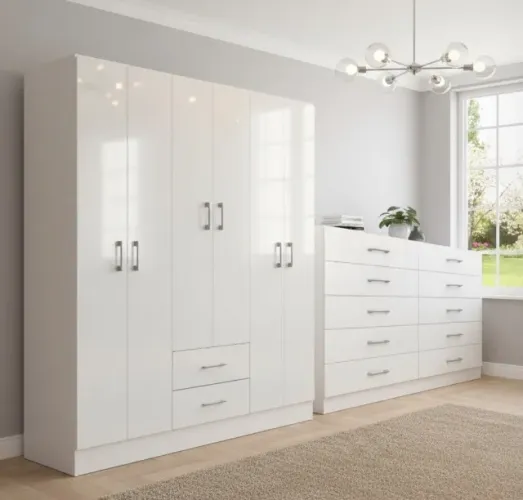 Conjunto Quarto Casal Essencial Guarda-Roupa 6 Portas e Cômoda 10 Gavetas Branco