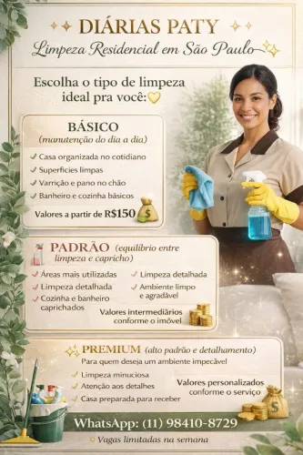 Serviço de limpeza DIÁRIAS PATY | LIMPEZA RESIDENCIAL EM SÃO PAULO  