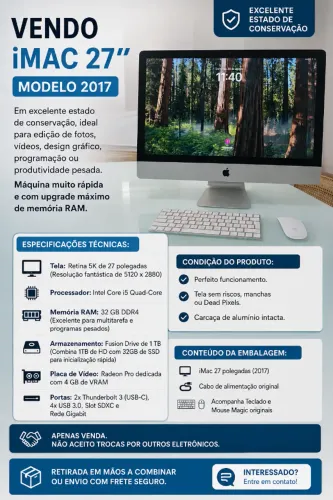 iMac 27" 5K (2017) | Core i5 | 32GB RAM | Fusion Drive 1TB | Placa 4GB - espetacular