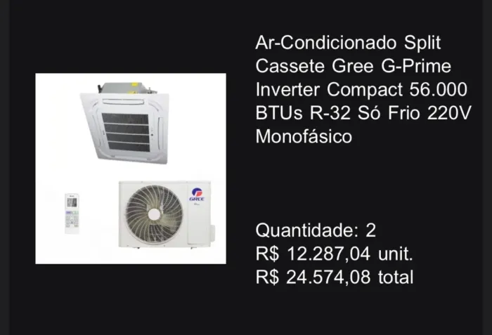Vendo 2 aparelhos de ar condicionado cassete de 56 mil btus