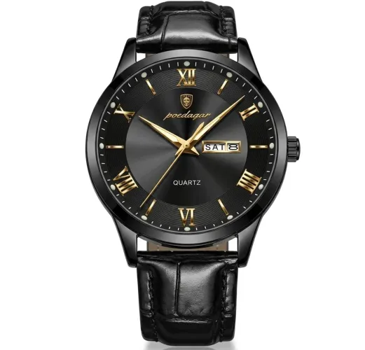 Relógio Poedagar Deluxe Old 978 Black Com Detalhes Dourados Pulseira Couro Preto Classico