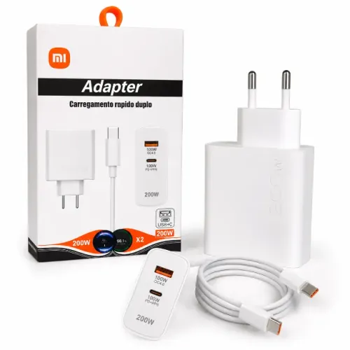 Carregador Xiaomi Compatível 200W Turbo USB-C PD PPS QC 3.0 Dupla Saída Bivolt Rápido pode