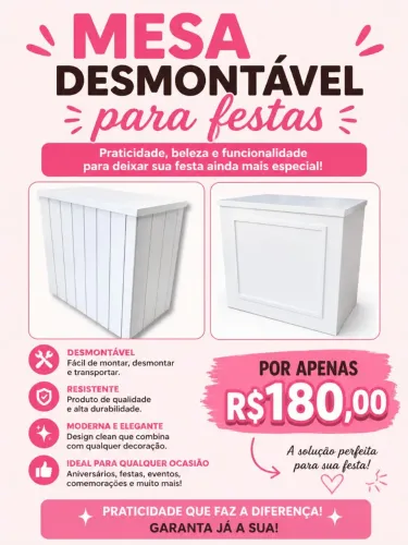 Mesa desmontável na caixa para festas em MDF Branco 