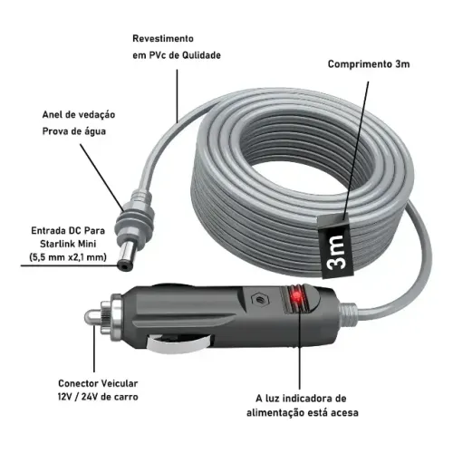Cabo Veicular 12v 3 metros para Starlink Mini - Adaptador pra carro
