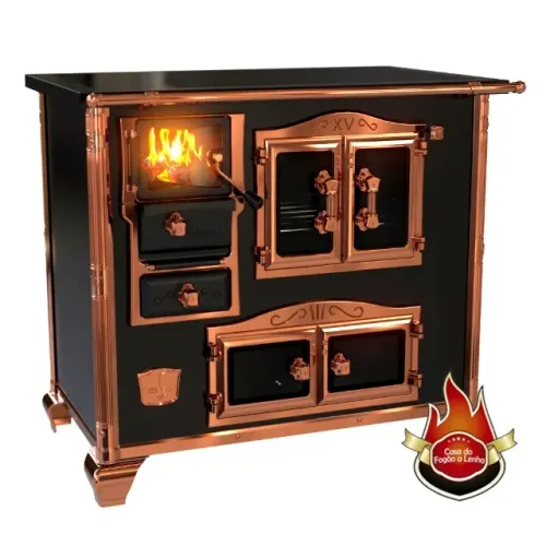 Fogão a Lenha n2 preto chapa vitroceramica Dourado rose acabamento impecável