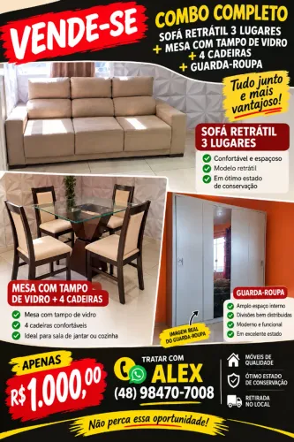 Mesa com 4 cadeiras; guarda-roupas e sofá