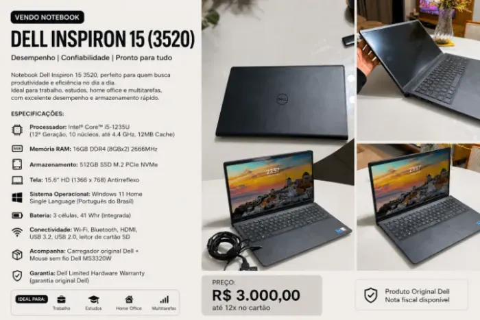 Notebook Dell Inspiron 15 (3520) | Intel Core i5 12ª Geração | 16GB RAM | SSD NVMe 512GB