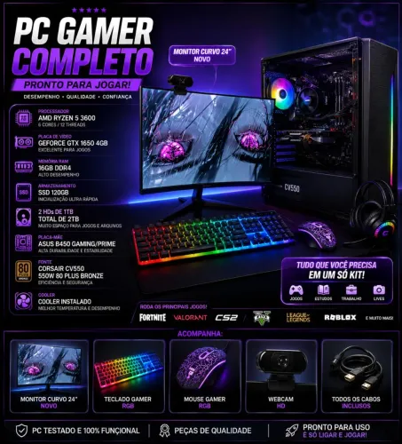 Pc gamer RYZEN 5 + GTX 1650 + MONITOR CURVO 24 + kit completo 