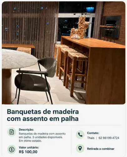 3 Banqueta de madeira com assento em palha/ 100,00 a unidade