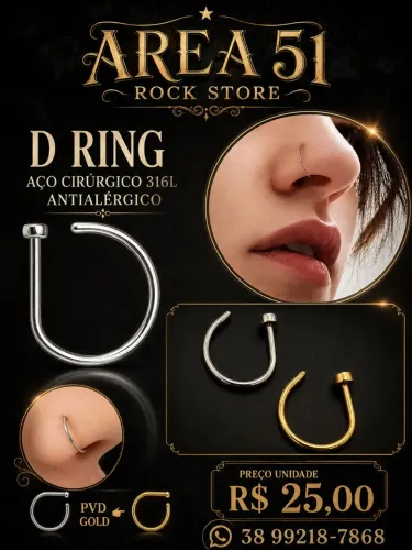 Piercing D ring nariz aço cirúrgico PVD gold